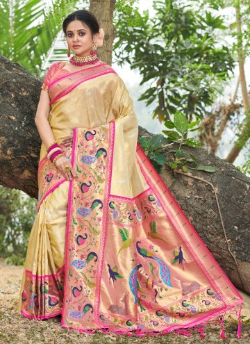 Cream Designer Traditional Saree in Silk with Woven