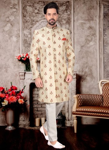 Cream Fancy Fabric Embroidered Indo Western Sherwani for Engagement