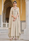 Cream Georgette Embroidered Palazzo Suit - 3