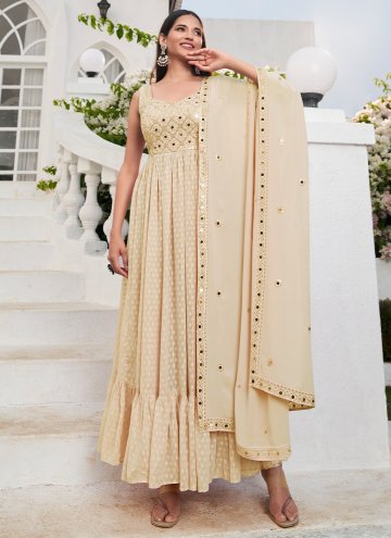 Cream Georgette Embroidered Trendy Salwar Suit for