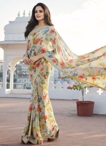 Cream Georgette Printed Trendy Saree for Casual