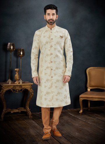 Cream Jacquard Embroidered Kurta Pyjama for Engagement
