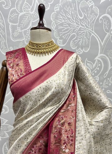 Cream Kanjivaram Silk Thread Work Trendy Saree for Ceremonial