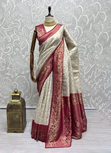 Cream Kanjivaram Silk Thread Work Trendy Saree for Ceremonial