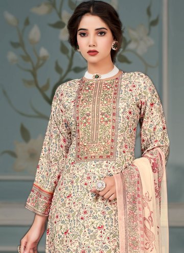 Cream Muslin Floral Print Pant Style Suit for Engagement