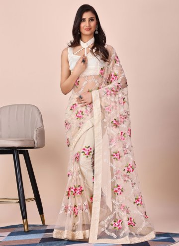 Cream Net Embroidered Designer Saree for Casual