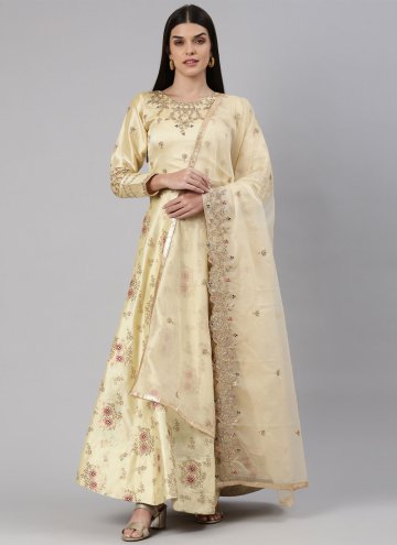 Cream Readymade Designer Gown in Banarasi Jacquard with Embroidered