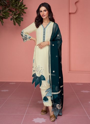 Cream Salwar Suit in Organza with Embroidered