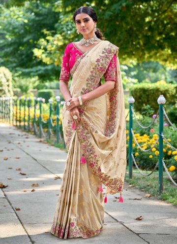 Cream Silk Embroidered Classic Designer Saree for Reception