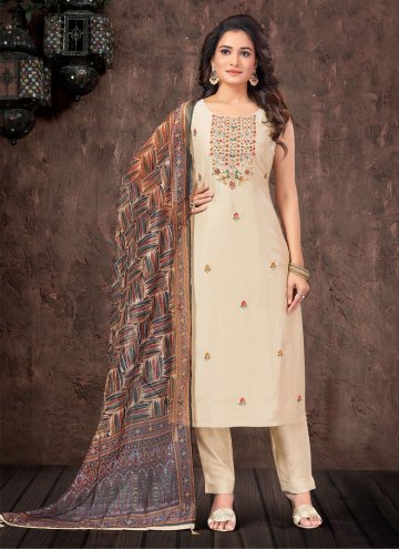 Cream Silk Embroidered Salwar Suit