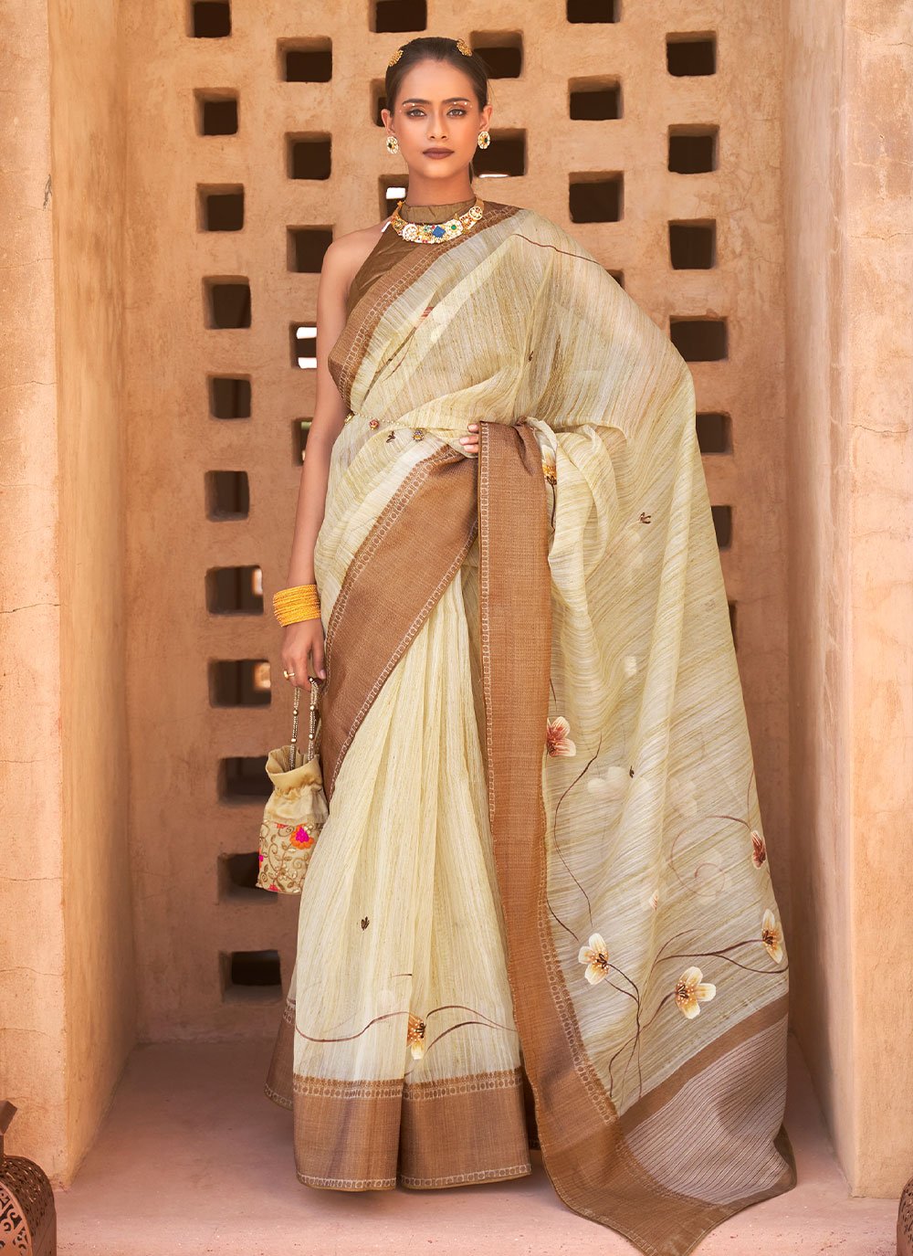 Cream Silk Woven Designer Saree for Wedding