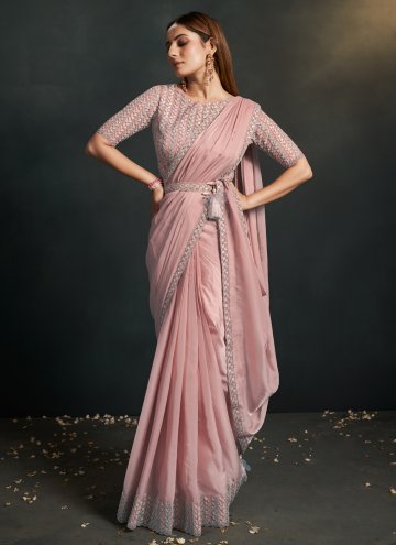 Crepe Silk Classic Designer Saree in Pink Enhanced