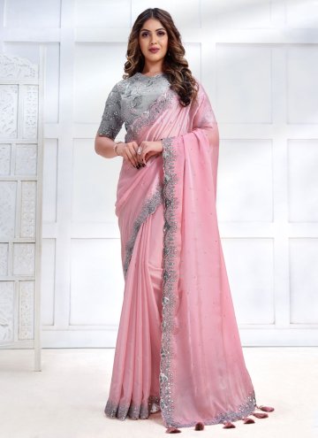 Crepe Silk Classic Designer Saree in Pink Enhanced with Embroidered