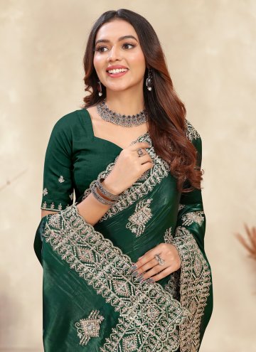 Crepe Silk Contemporary Saree in Green Enhanced with Cord