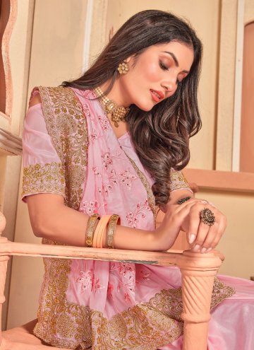 Crepe Silk Contemporary Saree in Pink Enhanced with Embroidered