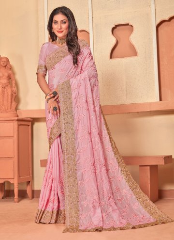 Crepe Silk Contemporary Saree in Pink Enhanced with Embroidered