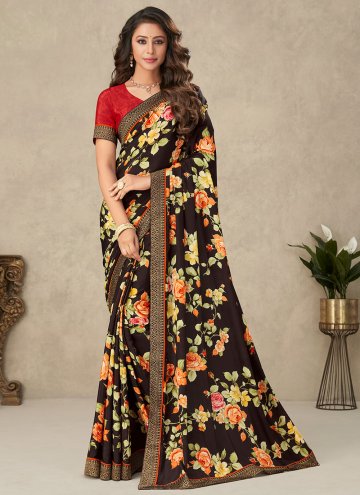 Crepe Silk Designer Saree in Brown Enhanced with Floral Print