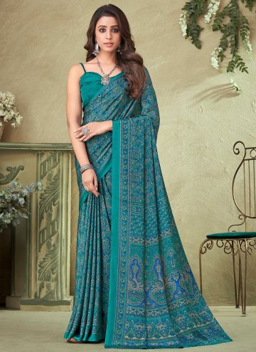 Crepe Silk Designer Saree in Turquoise Enhanced wi