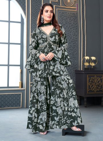 Crepe Silk Salwar Suit in Green Enhanced with Embr