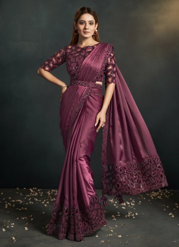 Crepe Silk Trendy Saree in Purple Enhanced with Em
