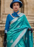 Dazzling Aqua Blue Handloom Silk Woven Designer Saree - 1