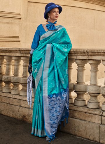 Dazzling Aqua Blue Handloom Silk Woven Designer Sa