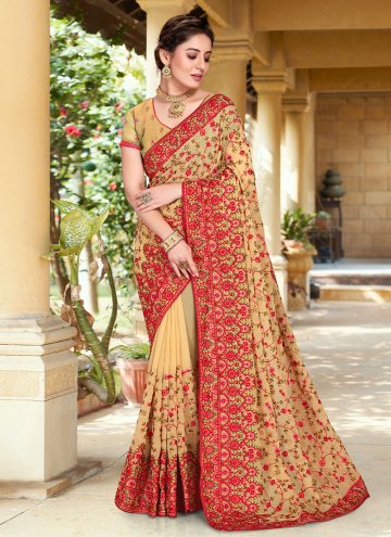 Dazzling Beige Georgette Embroidered Classic Designer Saree for Engagement