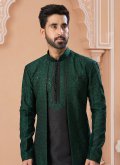 Dazzling Black and Green Banglori Silk Embroidered Indo Western Sherwani - 1