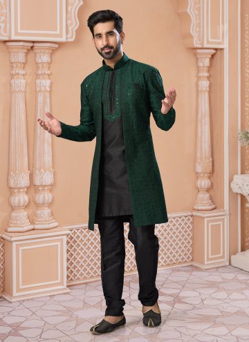 Dazzling Black and Green Banglori Silk Embroidered Indo Western Sherwani