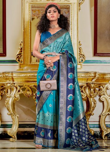 Dazzling Blue Banarasi Woven Classic Designer Sare