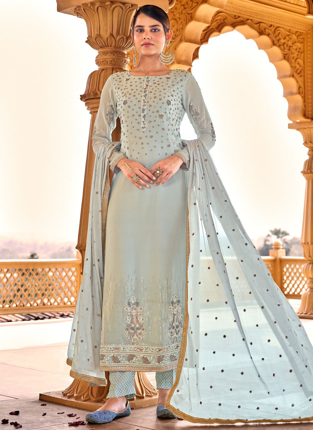 Dazzling Blue Faux Chiffon Embroidered Designer Straight Salwar Suit