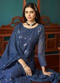Dazzling Blue Faux Georgette Embroidered Pakistani Suit - 1