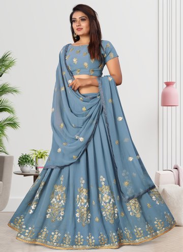 Dazzling Blue Georgette Embroidered A Line Lehenga