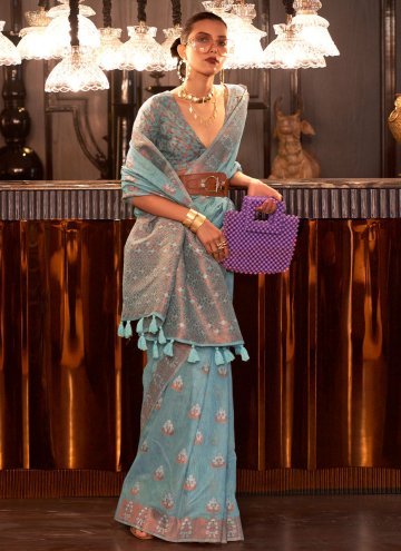 Dazzling Blue Linen Woven Trendy Saree for Ceremon