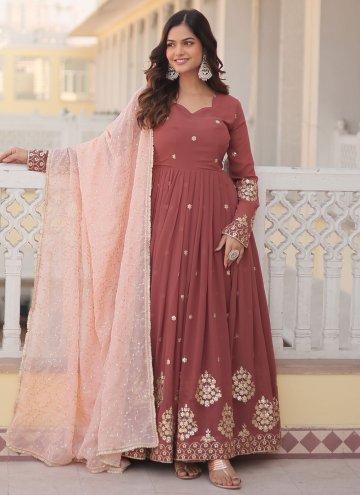 Dazzling Brown Faux Georgette Embroidered Designer Gown for Ceremonial