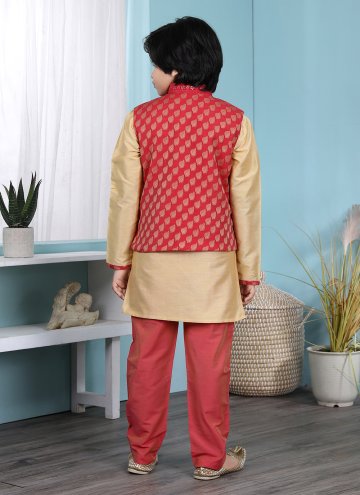 Dazzling Cream and Red Cotton Silk Jacquard Work Kurta Payjama With Jacket