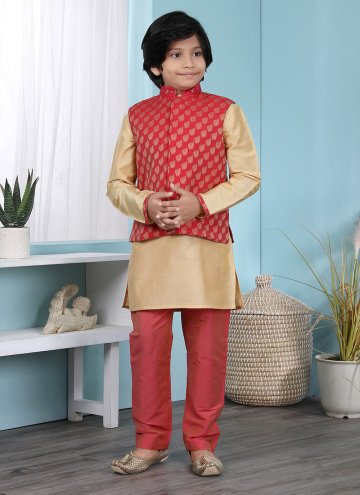 Dazzling Cream and Red Cotton Silk Jacquard Work Kurta Payjama With Jacket