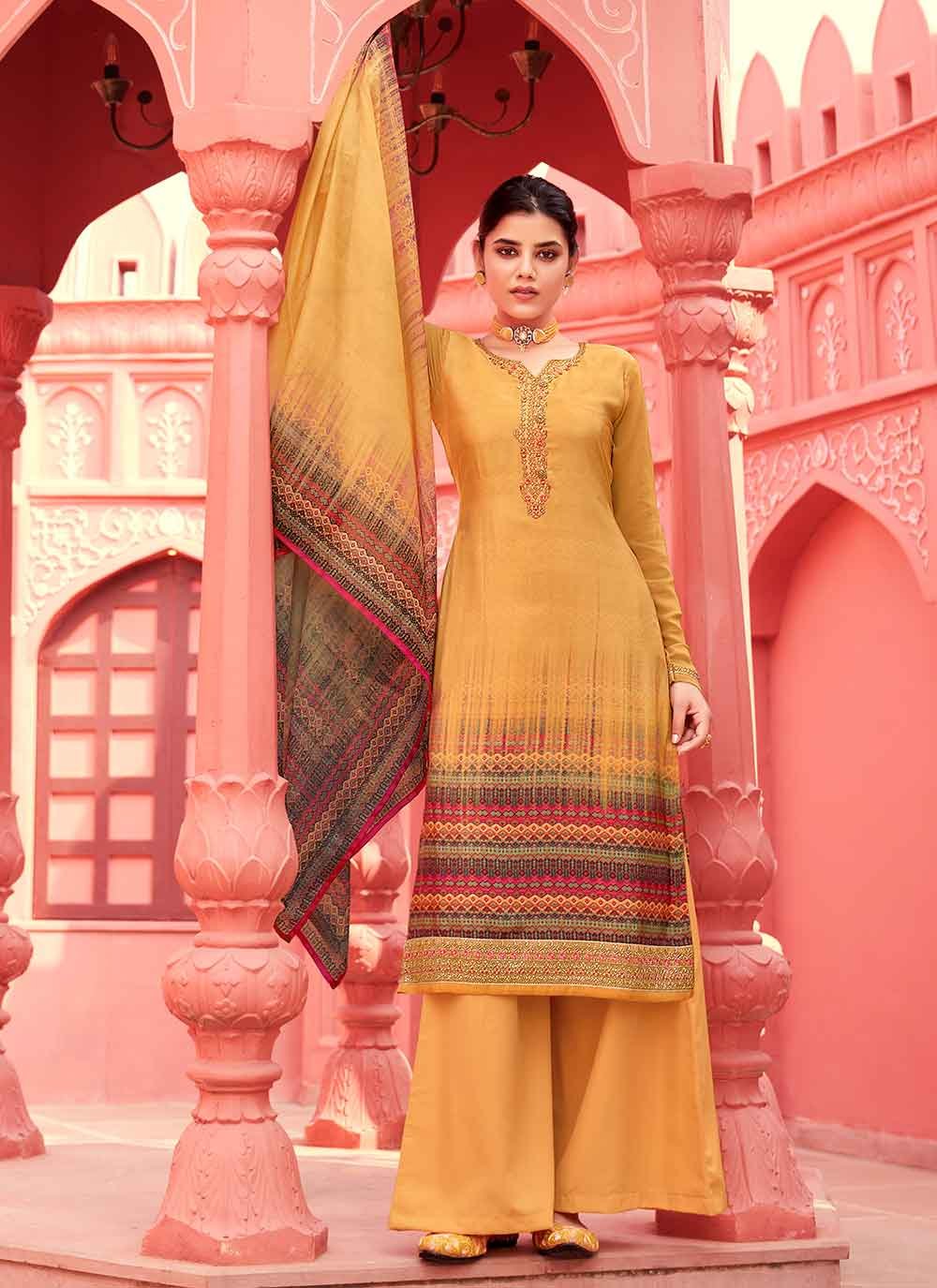 Dazzling Digital Print Faux Crepe Mustard Designer Pakistani Salwar Suit