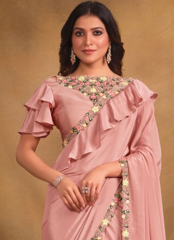 Dazzling Embroidered Crepe Silk Pink Trendy Saree