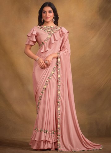 Dazzling Embroidered Crepe Silk Pink Trendy Saree