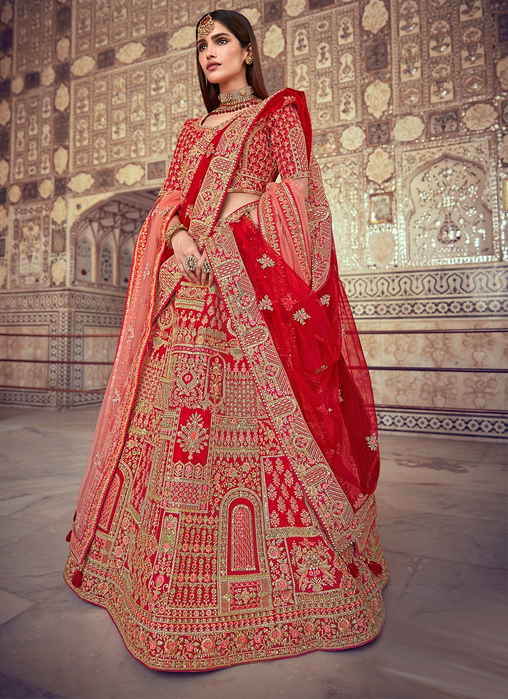 Dazzling Embroidered Fancy Fabric Red Lehenga Choli