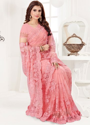Dazzling Embroidered Net Pink Classic Designer Saree
