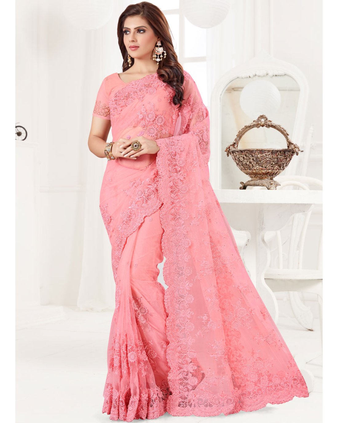 Dazzling Embroidered Net Pink Classic Designer Saree