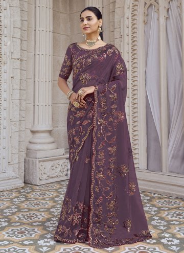 Dazzling Embroidered Net Purple Trendy Saree