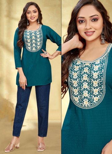 Dazzling Embroidered Rayon Teal Party Wear Kurti