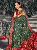 Dazzling Green and Red Tussar Silk Foil Print Classic Designer Saree - 1