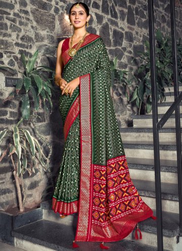 Dazzling Green and Red Tussar Silk Foil Print Classic Designer Saree
