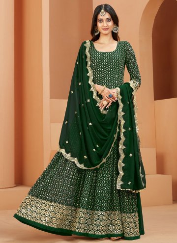 Dazzling Green Faux Georgette Embroidered Floor Le