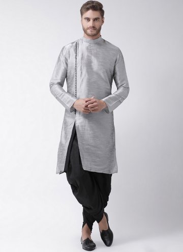 Dazzling Grey Art Dupion Silk Plain Work Kurta Pyjama