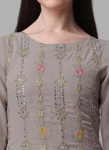 Dazzling Grey Faux Georgette Embroidered Trendy Salwar Kameez